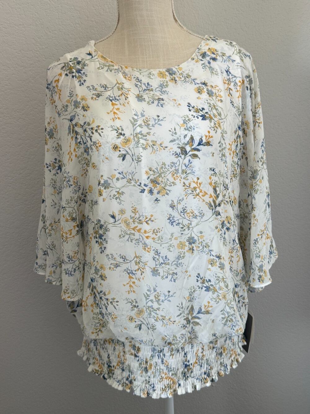 Chaus 1X Floral Blouse White Blue Yellow 3/4 Bell Sleeve Smocked Hem Garden NWT